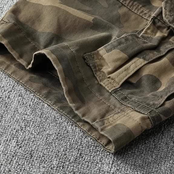 Camo cargo shorts hem close-up with stitched cuff and pocket opening