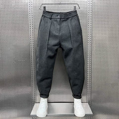 Men’s grey modern-fit trousers with pleated front and cuffed ankle hems