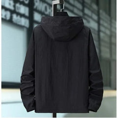Hooded summer jacket in dark grey, back view with drawstring hood and elastic cuffs