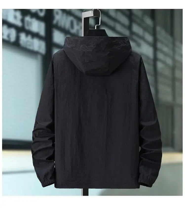 Hooded summer jacket in dark grey, back view with drawstring hood and elastic cuffs