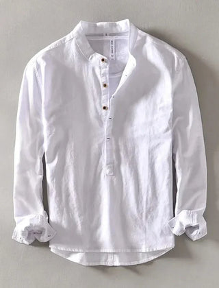 White linen mandarin shirt with stand collar and front button placket