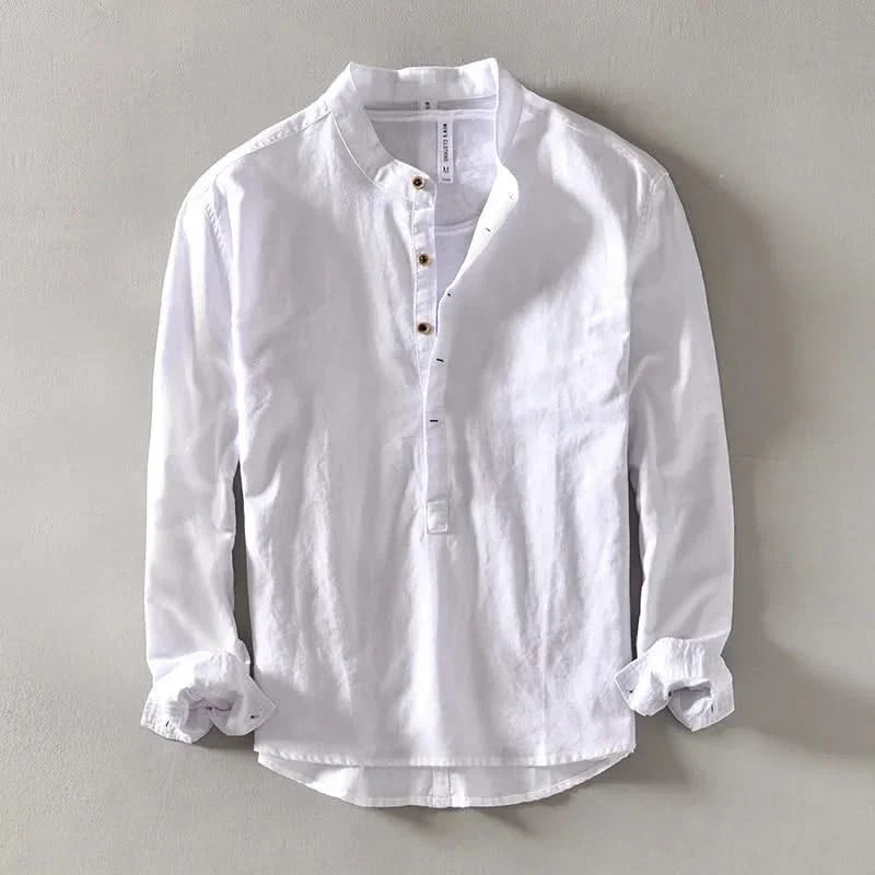 White linen mandarin shirt with stand collar and front button placket