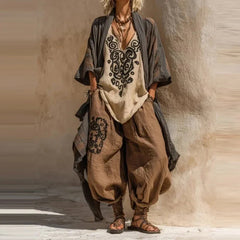 Linen-blend matching set with black printed tunic and camel harem pants
