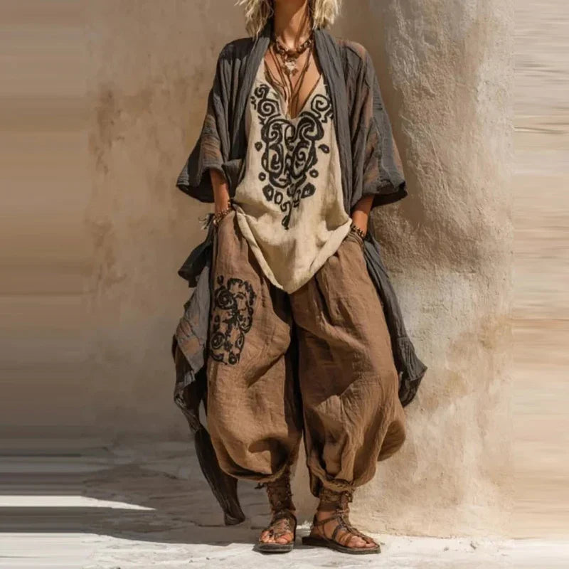 Linen-blend matching set with black printed tunic and camel harem pants