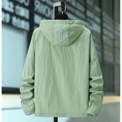 Light green hooded summer jacket, back view with drawstring hood and elastic cuffs