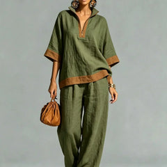 Women's linen-look co-ord set in army green: V-neck tunic top and wide-leg pants