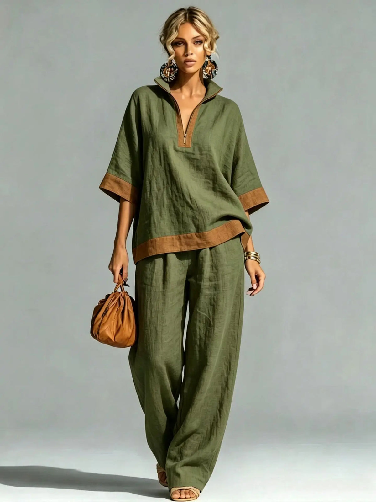Women's linen-look co-ord set in army green: V-neck tunic top and wide-leg pants