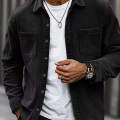 HARRIS corduroy button-up shirt, dark charcoal, long sleeves, two chest pockets