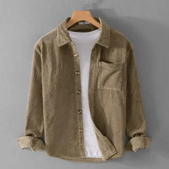 Beige corduroy button-up shirt with pointed collar and chest pocket