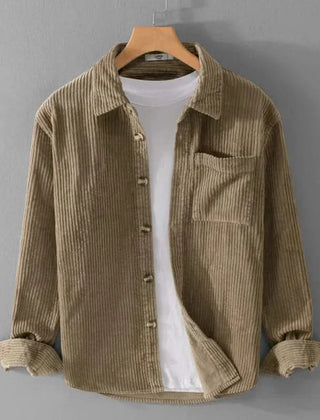 Beige corduroy button-up shirt with pointed collar and chest pocket