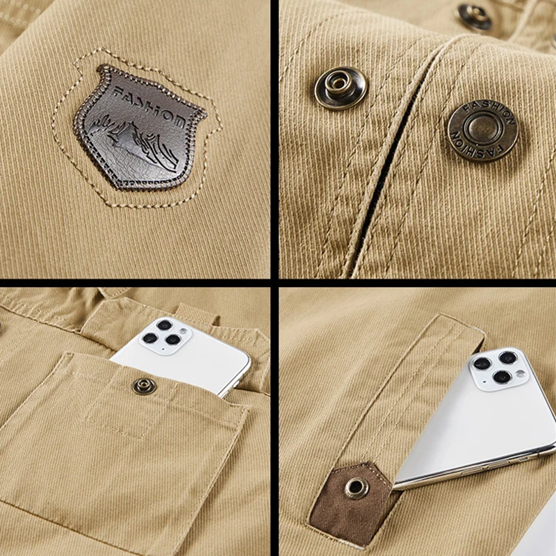 Beige utility jacket close-up: logo patch, snap buttons, and phone pocket detail