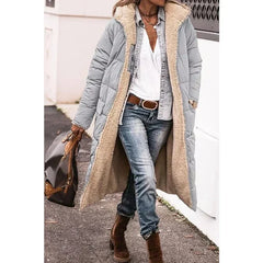 Gray long puffer winter coat with beige sherpa lining and open front