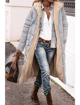Gray long puffer winter coat with beige sherpa lining and open front