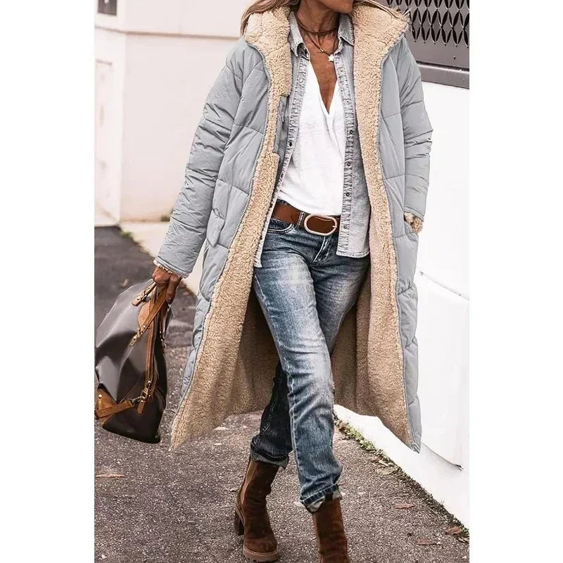 Gray long puffer winter coat with beige sherpa lining and open front