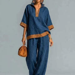 Women's linen-look co-ord set in navy blue: V-neck tunic top and wide-leg pants