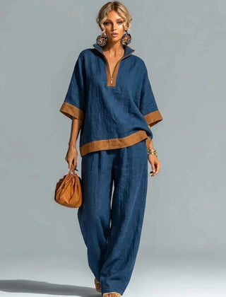 Women's linen-look co-ord set in navy blue: V-neck tunic top and wide-leg pants