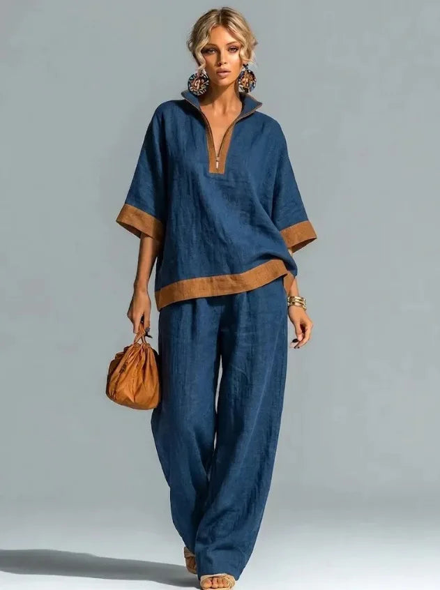 Women's linen-look co-ord set in navy blue: V-neck tunic top and wide-leg pants