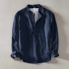 Navy blue linen mandarin shirt with stand collar, button placket, and long sleeves