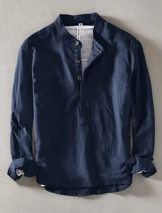 Navy blue linen mandarin shirt with stand collar, button placket, and long sleeves
