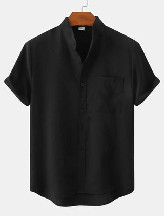 Short-sleeve button-up shirt in black, front view with chest pocket and collar
