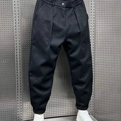 Men’s navy modern-fit trousers with pleated front, button waistband and cuffed hem