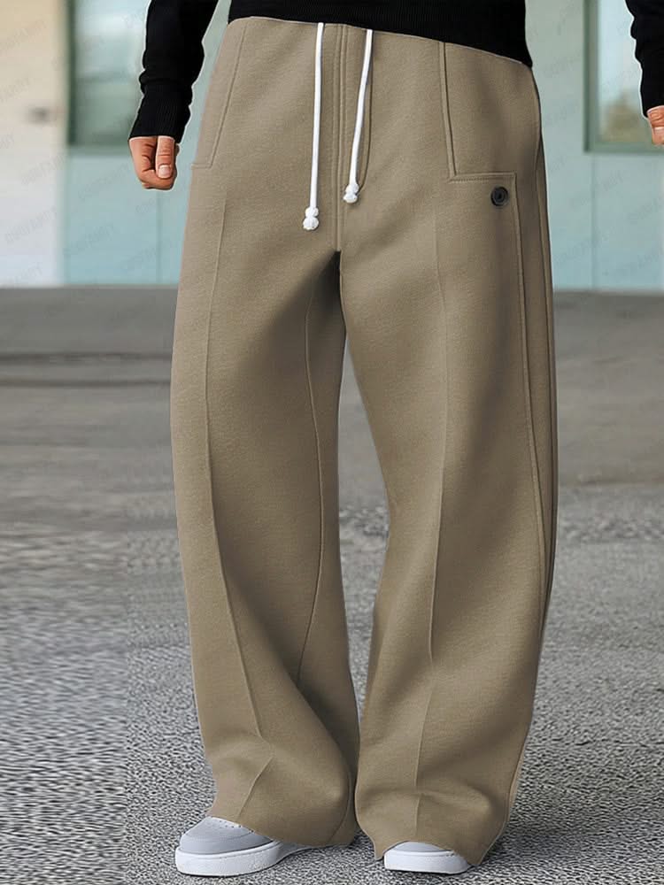 Khaki wide-leg trousers with white drawstring, side pockets, and buttoned front detail