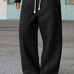Black wide-leg trousers with white drawstring and side pockets