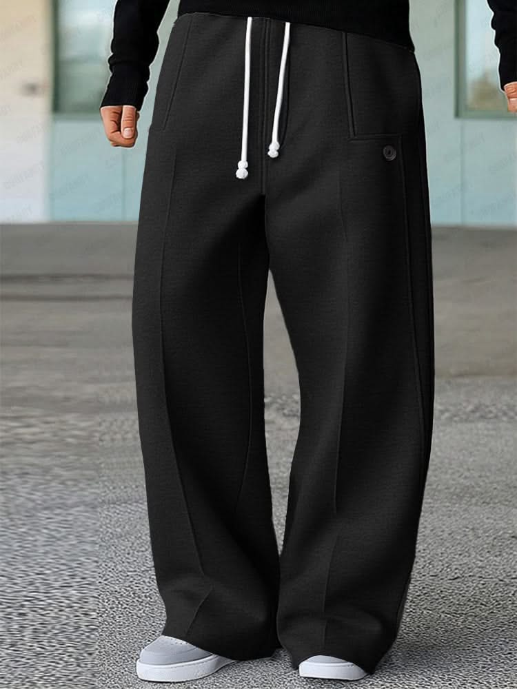 Black wide-leg trousers with white drawstring and side pockets