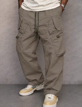 Taupe utility cargo trousers with drawstring waist and side flap pockets