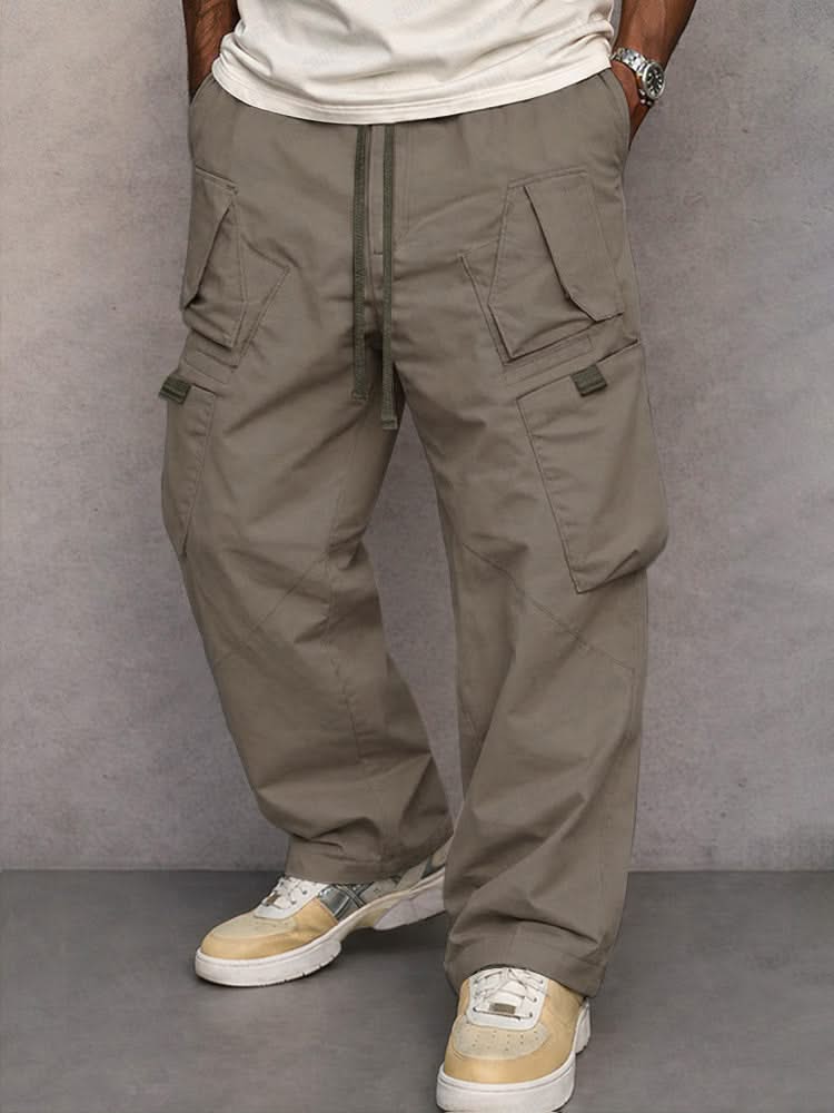 Taupe utility cargo trousers with drawstring waist and side flap pockets