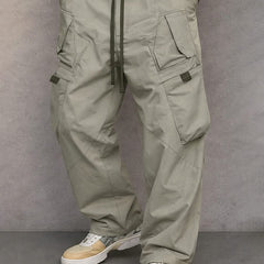 Light grey utility cargo trousers with drawstring waist and side flap pockets