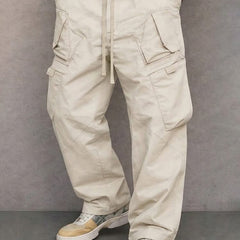 Off-white utility cargo trousers with drawstring waist and side flap pockets