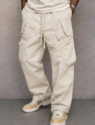 Off-white utility cargo trousers with drawstring waist and side flap pockets