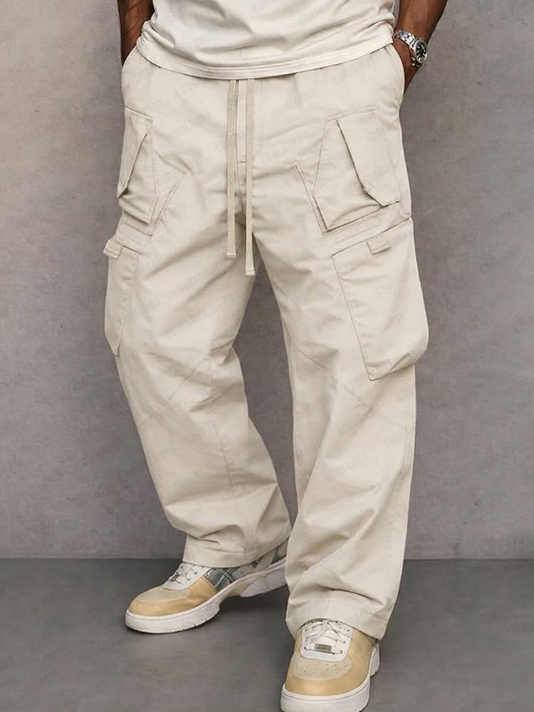 Off-white utility cargo trousers with drawstring waist and side flap pockets