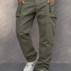 Army green cotton cargo pants with side zip pockets, tapered jogger cuffs