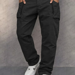 Black cotton cargo pants with side zip pockets, tapered jogger fit