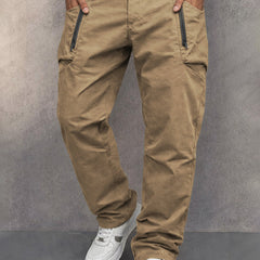 Khaki cotton cargo pants with side zip pockets, tapered jogger cuffs
