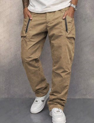 Khaki cotton cargo pants with side zip pockets, tapered jogger cuffs