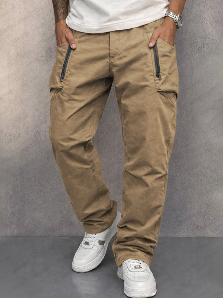 Khaki cotton cargo pants with side zip pockets, tapered jogger cuffs