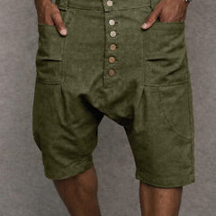 Army green casual drop-fit shorts, front button placket with multiple buttons.
