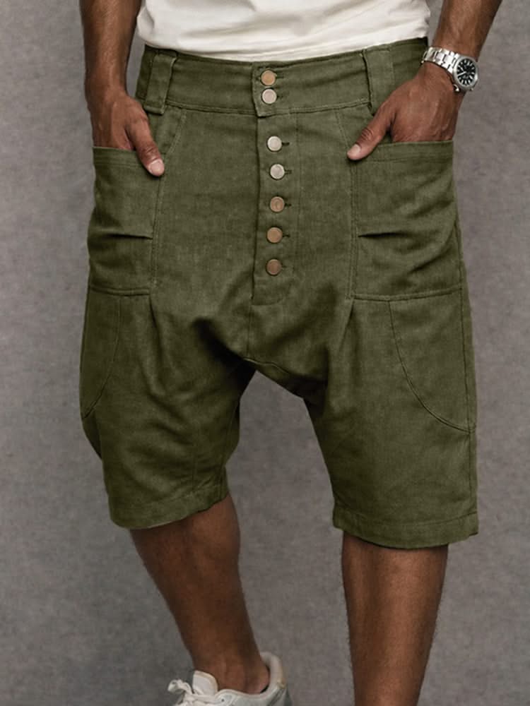 Army green casual drop-fit shorts, front button placket with multiple buttons.