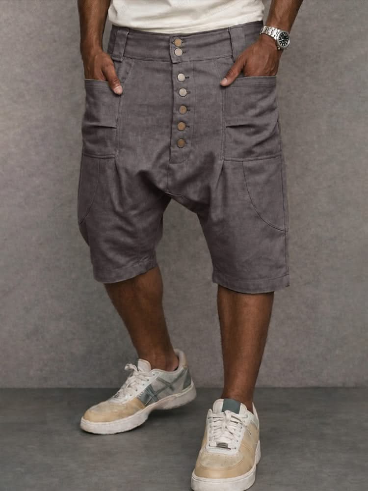Casual drop-fit shorts in grey, front button placket and side pockets.