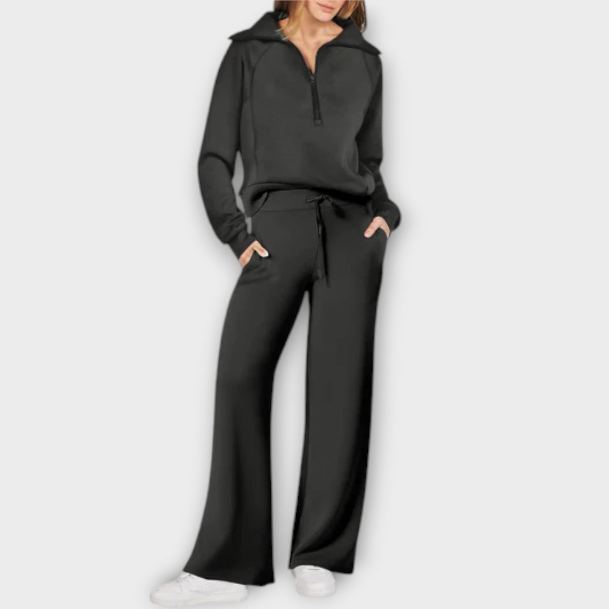 Black 2-piece lounge set: hooded pullover top and drawstring wide-leg pants