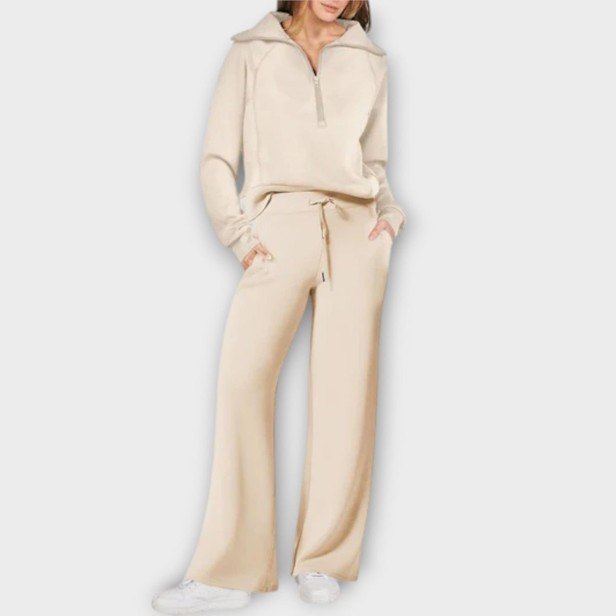 Beige 2-piece lounge set: hooded pullover top and drawstring wide-leg pants