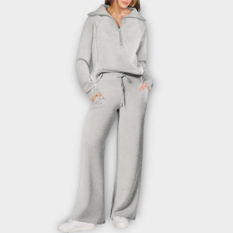 Grey 2-piece lounge set: hooded pullover top and drawstring wide-leg pants