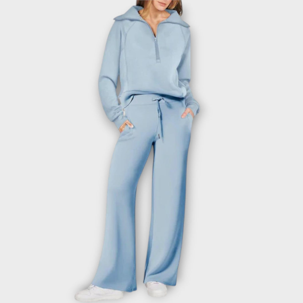 Blue 2-piece lounge set: hooded pullover top and drawstring wide-leg pants