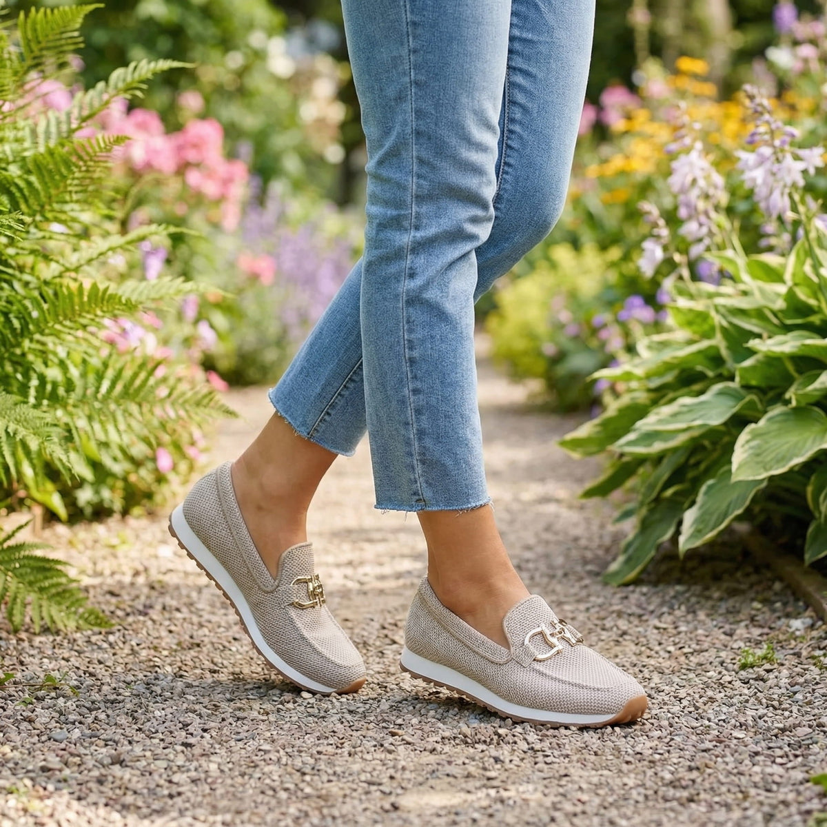 Beige orthopedic loafer sneakers with gold-tone buckle ornament and rubber sole