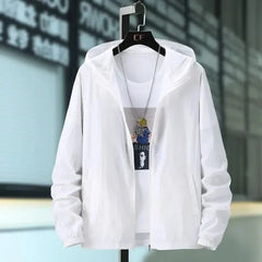 Hooded summer jacket in white, front view with zipper and elastic cuffs