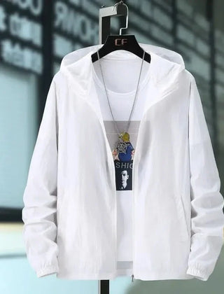 Hooded summer jacket in white, front view with zipper and elastic cuffs
