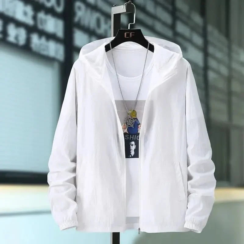 Hooded summer jacket in white, front view with zipper and elastic cuffs